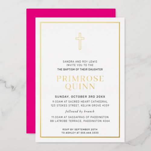 BAPTISM modern minimal cross border pink Foil Invitation