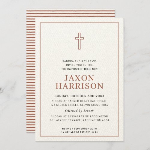 BAPTISM modern minimal cross simple clay brown Invitation