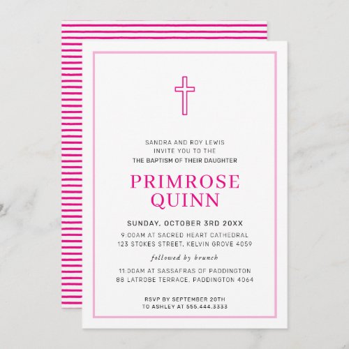 BAPTISM modern minimal cross simple hot pink Invitation