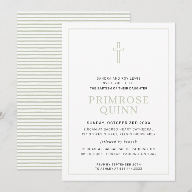 BAPTISM modern minimal cross simple sage green Invitation (Front/Back)