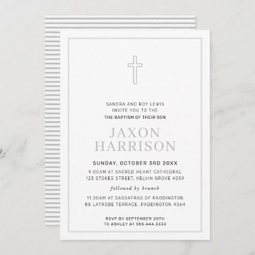 BAPTISM modern minimal cross simple soft grey gray Invitation