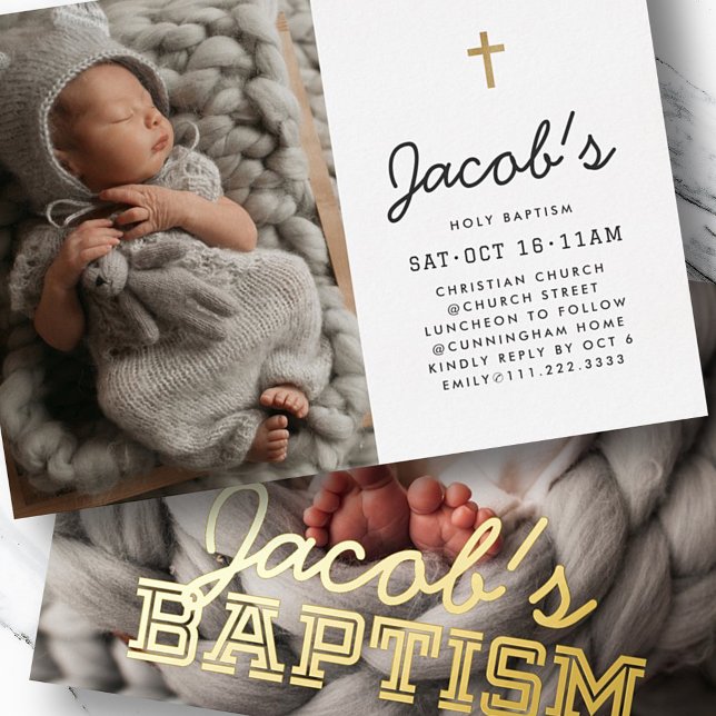 Baptism Modern Minimalist Preppy Photos Foil Invitation (Creator Uploaded)