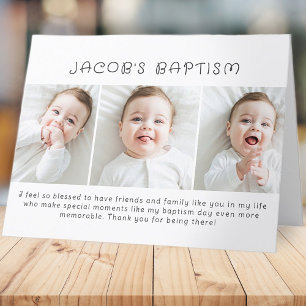 Baptism Modern Simple Chic Three Photo Thank You Card