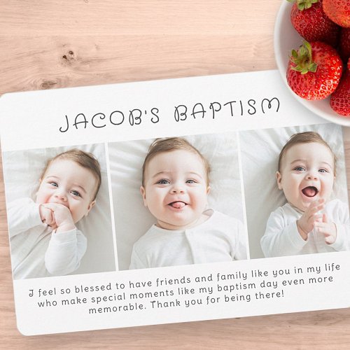 Baptism Modern Simple Chic Three Photo Thank You Card
