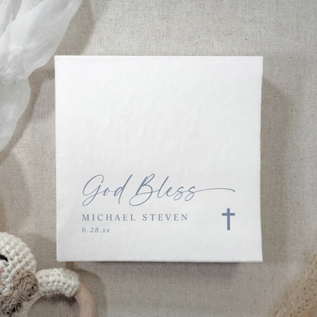 Baptism Modern Simple Dusty Blue God Bless Cross N Napkins (Elegant dusty blue baptism napkins with “God Bless” script, cross, and personalized baby's name.)