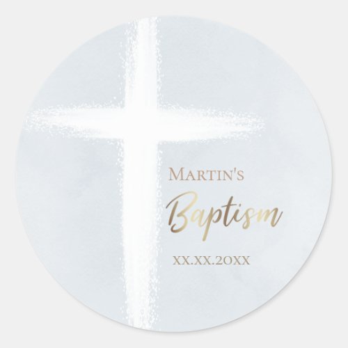 Baptism modern white cross watercolor classic round sticker