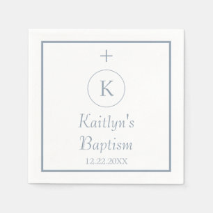 Baptism Monogram Initials Dusty Blue White Elegant Napkins
