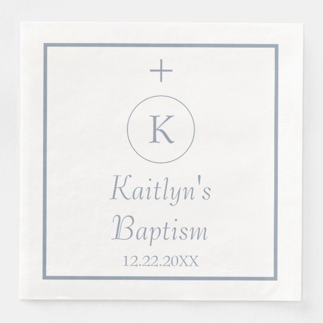 Baptism Monogram Initials Dusty Blue White Elegant Paper Dinner Napkins (Front)