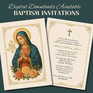 Baptism Mother Mary Roses Marian Cross Invitation