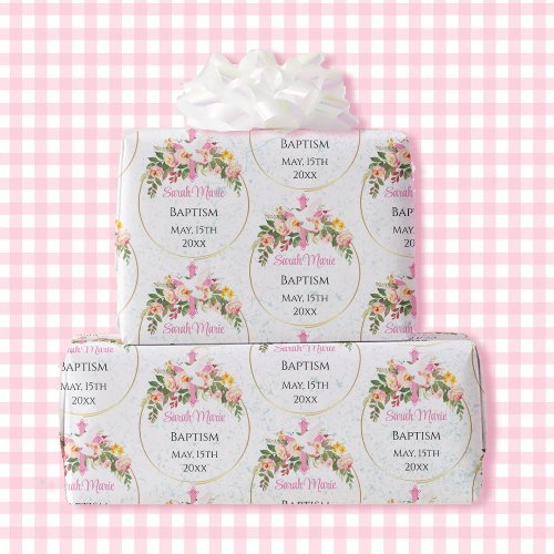 Baptism Name Date Pink Floral Spray Wrapping Paper