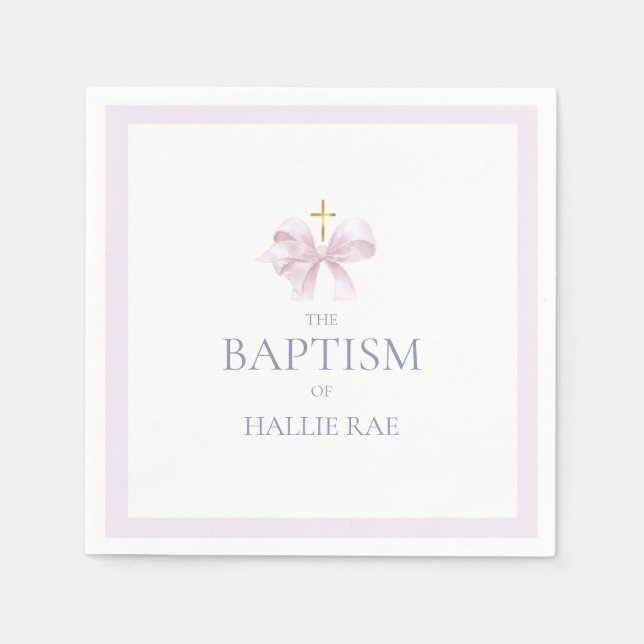 Baptism Napkins for Girls, Modern Pink Bow Design (Front)