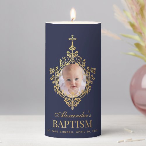  Baptism Navy Blue Boy Photo Faux Gold Vintage Pillar Candle