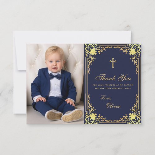 Baptism Navy Blue Gold Vintage Elegant Boy Photo  Thank You Card