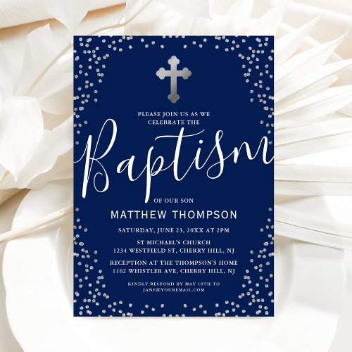 Baptism Navy Blue Silver Glitter Christening Invitation