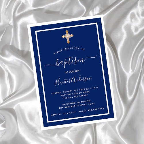 Baptism navy blue white baby boy gold cross invitation
