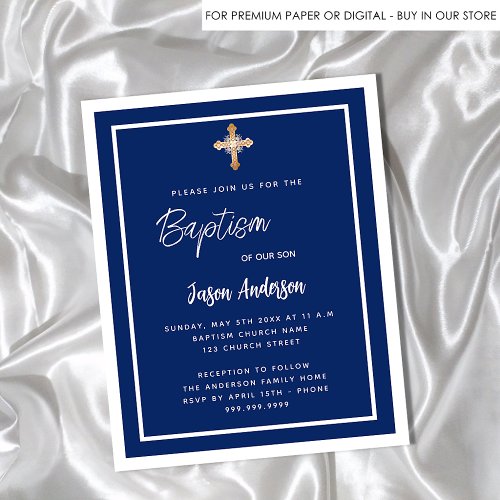 Baptism navy blue white boy gold budget invitation