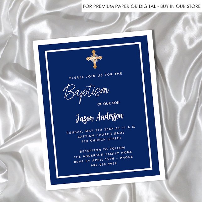 Baptism navy blue white boy gold budget invitation (Creator Uploaded)