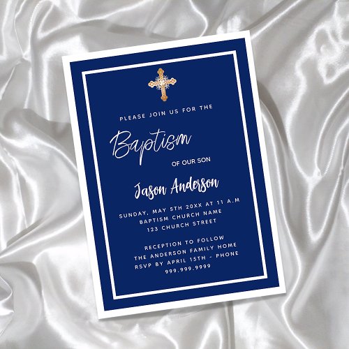 Baptism navy blue white boy gold cross invitation