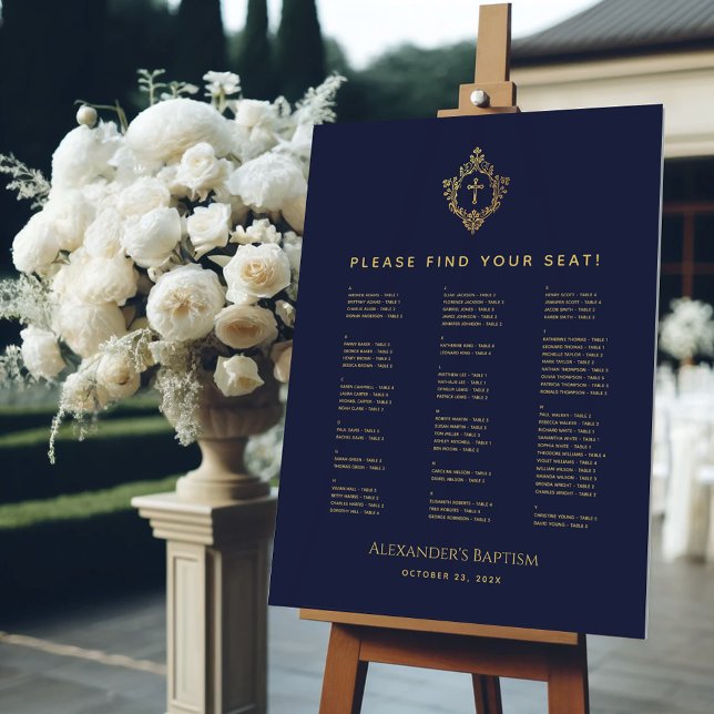 Baptism Navy Gold Crest Alphabetical Seating Chart Foam Board (Creator Uploaded)