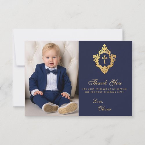 Baptism Navy Gold Cross in Crest Elegant Boy Photo