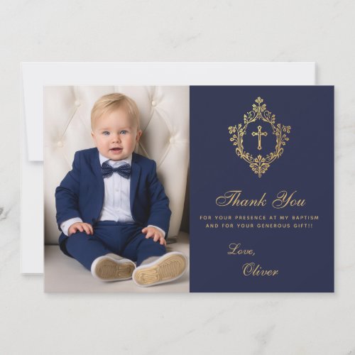 Baptism Navy Gold Cross in Crest Elegant Boy Photo Thank You Card