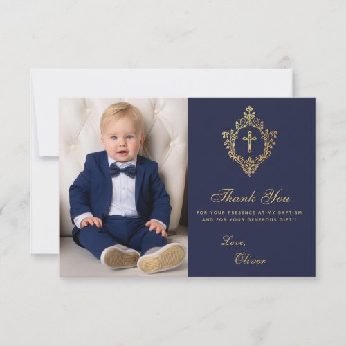 Baptism Navy Gold Cross in Crest Elegant Boy Photo Thank You Card