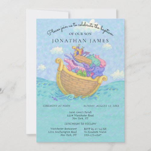 Baptism Noahs Ark Baby Animals Blue Invitation