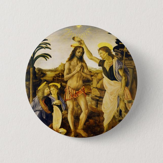 Baptism of Christ by Da Vinci and Verrocchio Pinback Button (Front)