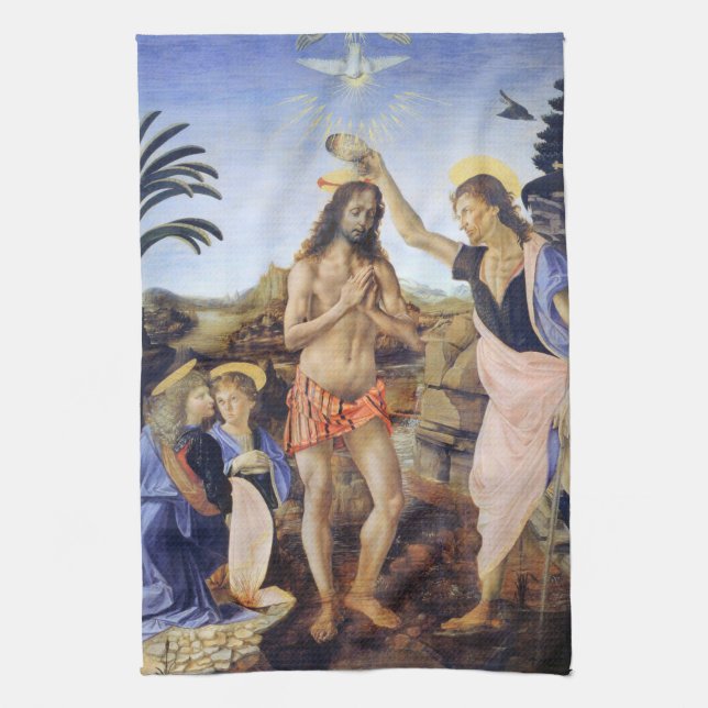 Baptism of Christ by Verrocchio, Leonardo da Vinci Kitchen Towel (Vertical)