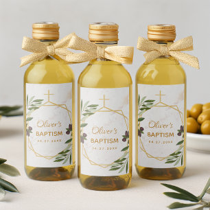 Baptism Olive Oil Favors Botanical Geometric Gold Wine Label