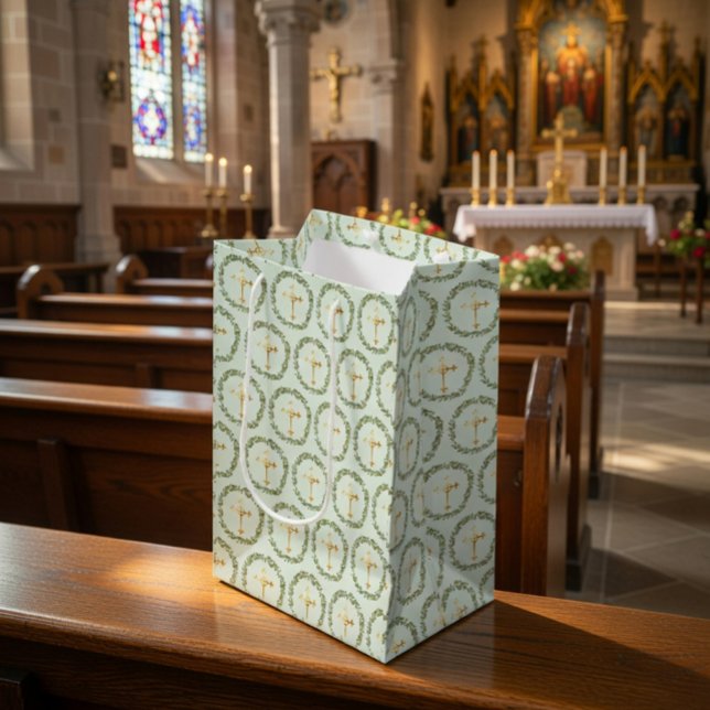Baptism Olive Wreath & Golden Cross Medium Gift Bag (Creator Uploaded)