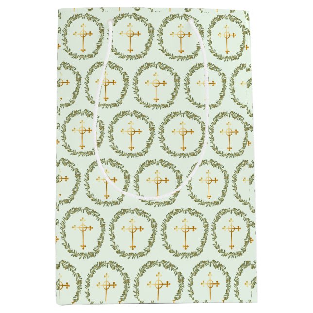 Baptism Olive Wreath & Golden Cross Medium Gift Bag (Front)