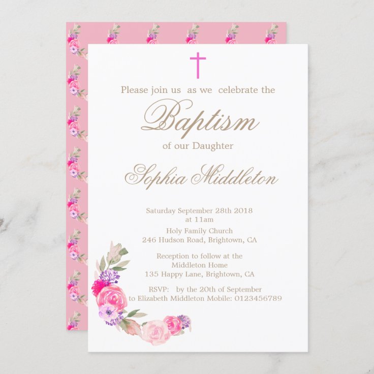 Baptism or Christening Floral Pink Invitation | Zazzle