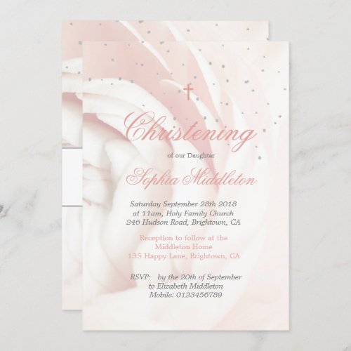 Baptism  or Christening Girl Pink Rose  Silver Invitation