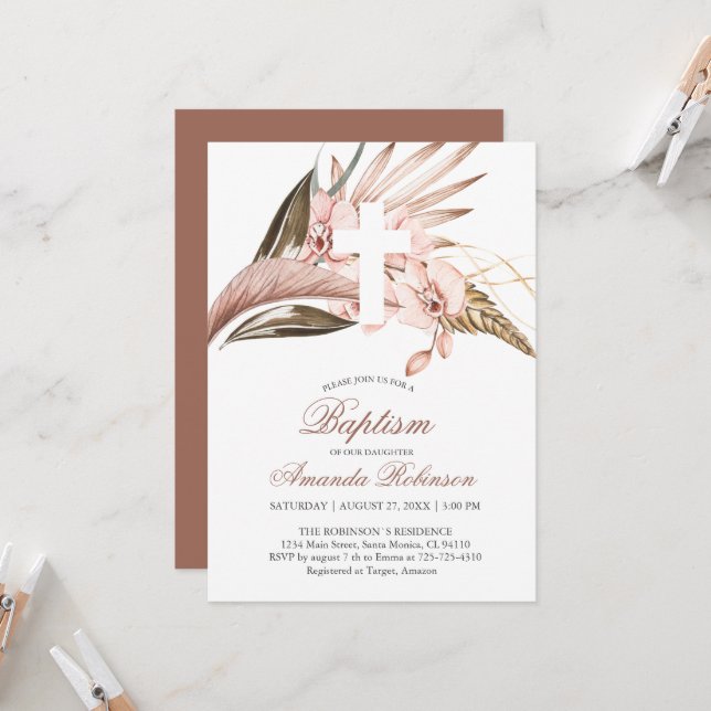 Baptism Orchid Pampas Grass Terracotta Invitation (Front/Back In Situ)