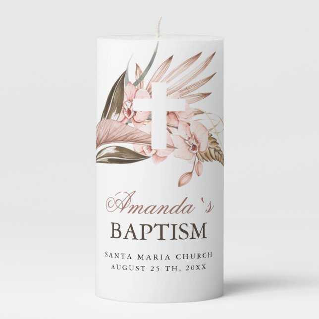 Baptism Orchid Pampas Grass Terracotta  Pillar Candle (Front)