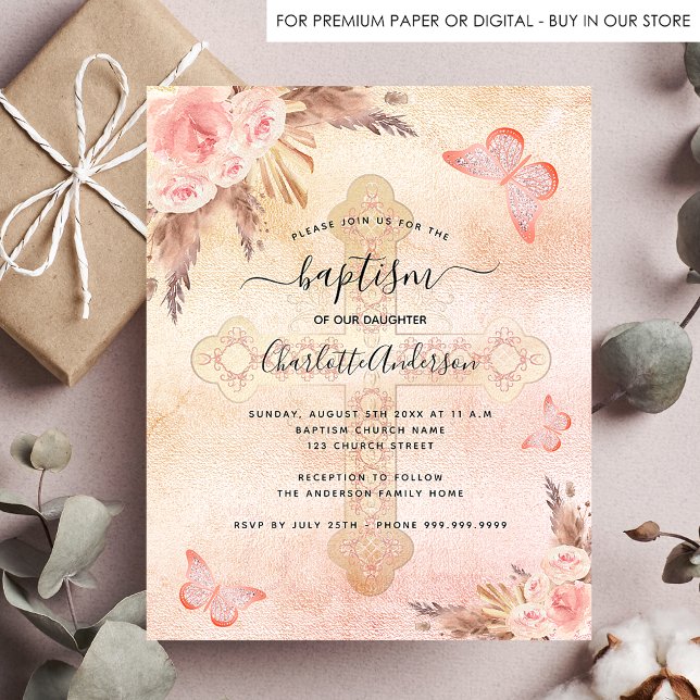 Baptism pampas blush butterfly budget invitation flyer (Creator Uploaded)