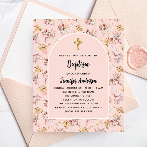 Baptism pampas florals rose budget invitation flyer