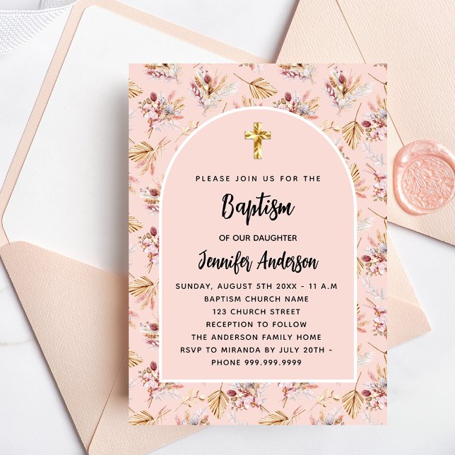 Baptism pampas florals rose gold pink girl invitation (Creator Uploaded)