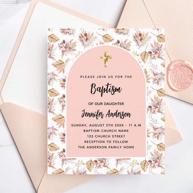 Baptism pampas flowers rose gold budget invitation flyer (Creator Uploaded)