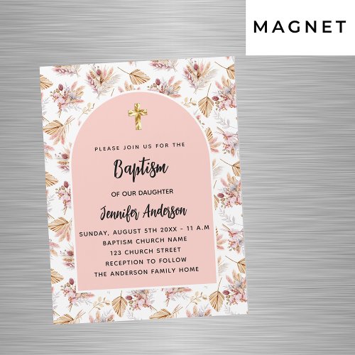 Baptism pampas flowers rose gold pink girl luxury magnetic invitation