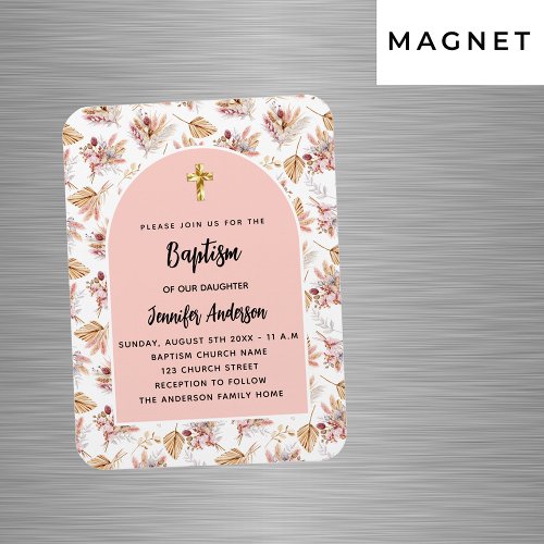 Baptism pampas flowers rose gold pink invitation magnet