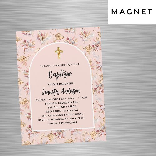 Baptism pampas flowers rose gold pink luxury magnetic invitation