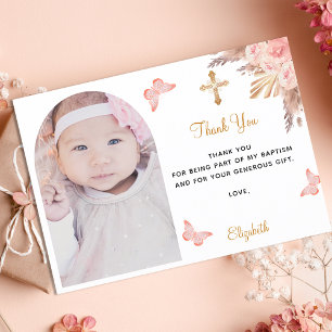 Baptism pampas grass arch photo blush pink girl thank you card