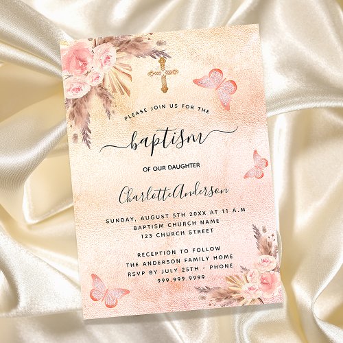 Baptism pampas grass blush butterfly flowers invitation postcard