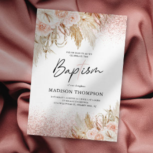 Baptism Pampas Grass Pink Christening Invitation