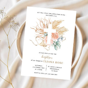 Baptism Pampas Grass Rose Boho Cross Invitation