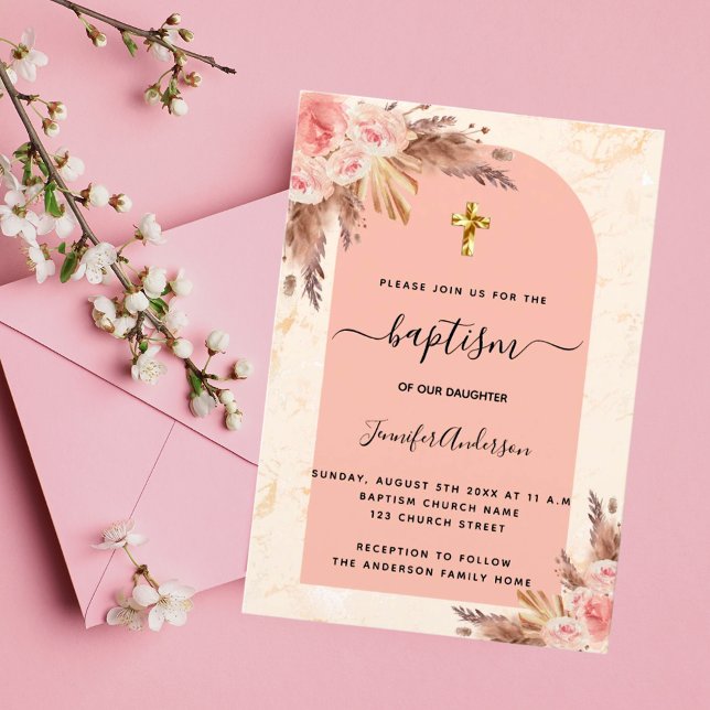 Baptism pampas grass rose gold blush marble girl invitation (Creator Uploaded)