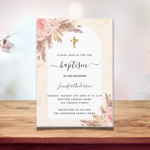 Baptism pampas grass rose gold blush pink marble invitation postcard