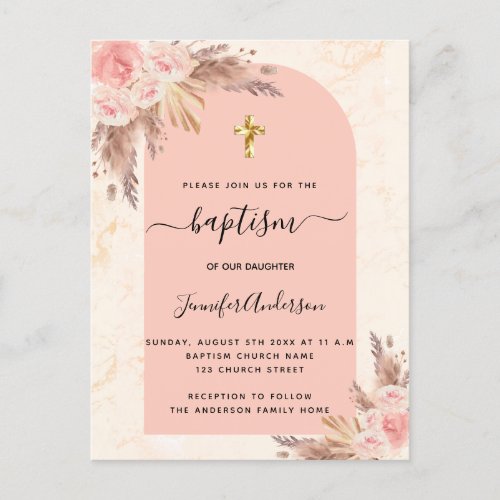Baptism pampas grass rose gold blush pink marble invitation postcard